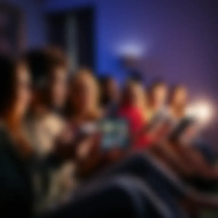 A diverse group of people engaging with spiritual content, with laptops and tablets open, showing various YouTube channels focused on spirituality.
