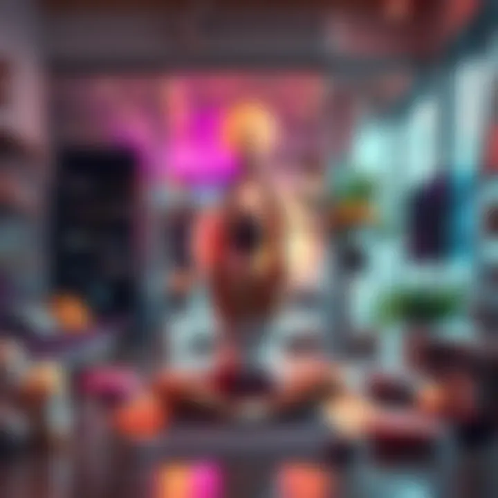 A person practicing yoga in a modern, trendy setting surrounded by wellness products.