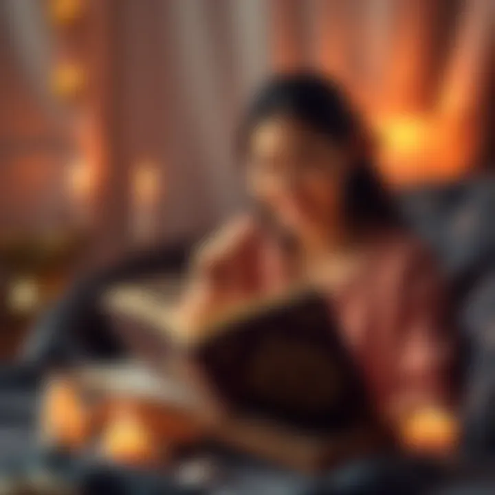 A person smiling while reading a spiritual book surrounded by candles and crystals