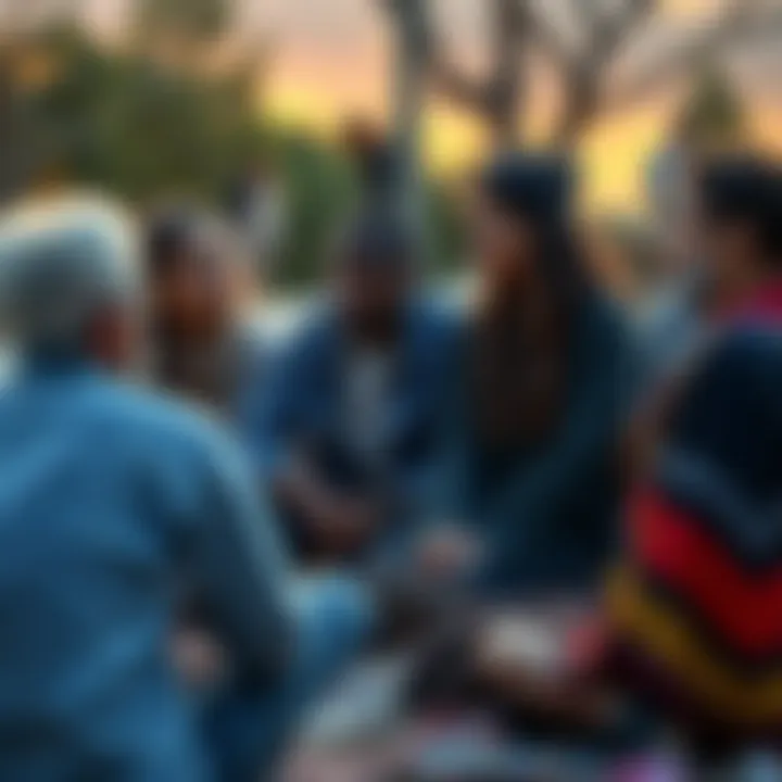 A diverse group of spiritually aware individuals sitting together in a circle, sharing thoughts and feelings about global events, with a serene background of nature.