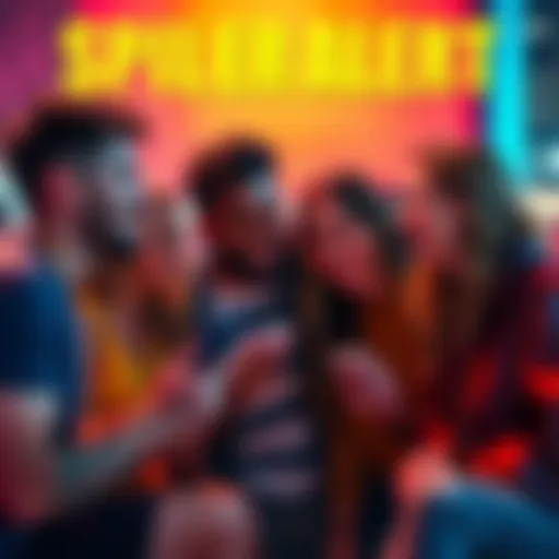 A group of friends discussing movie spoilers while looking at their phones and laughing together.