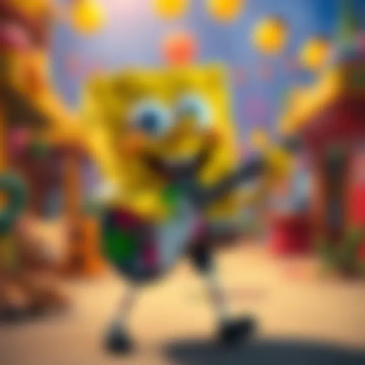 Spongebob Squarepants playing a colorful guitar from the movie, surrounded by a cheerful background of Bikini Bottom.