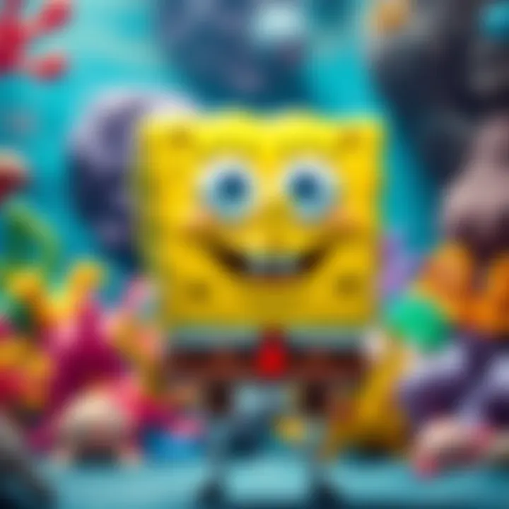 SpongeBob SquarePants smiling in front of a colorful underwater background