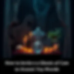 A dimly lit room with candles, a crystal ball, and ghostly figures in the background