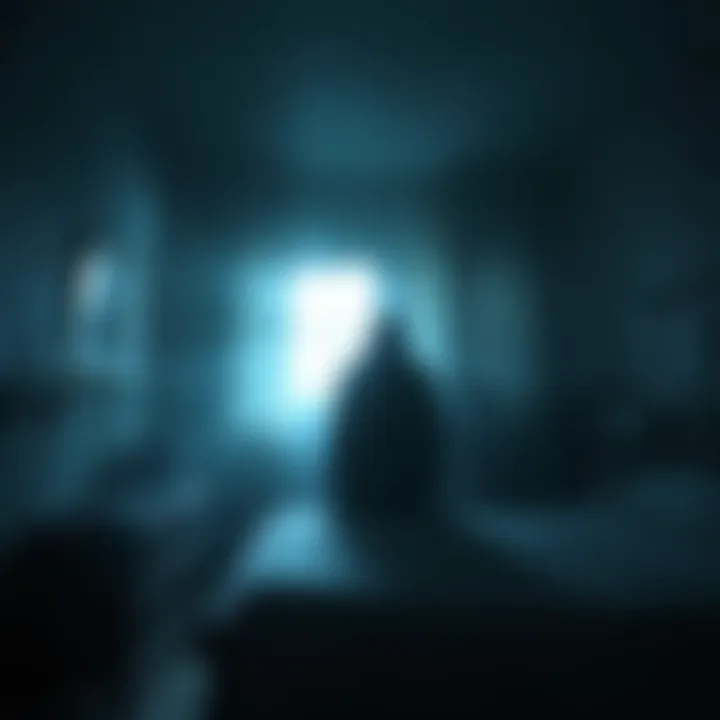 A spooky dark room with a shadowy figure A dimly lit room showing a shadowy figure standing near a bed, creating an eerie atmosphere