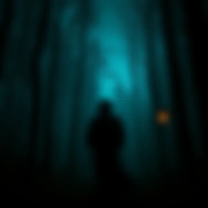 A shadowy figure in a dark forest at night, creating a sense of fear and suspense.
