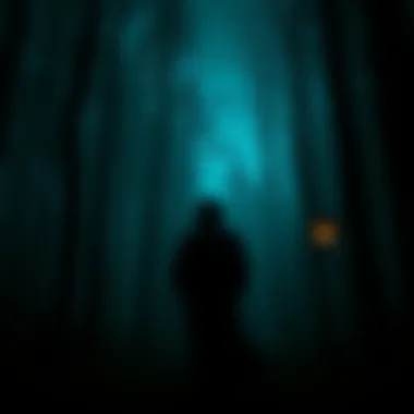 Spooky Encounter A shadowy figure in a dark forest at night, creating a sense of fear and suspense.