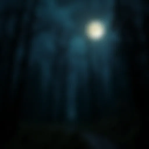 A dark forest illuminated by a full moon with a ghostly figure lurking among the trees, capturing the essence of Halloween night.