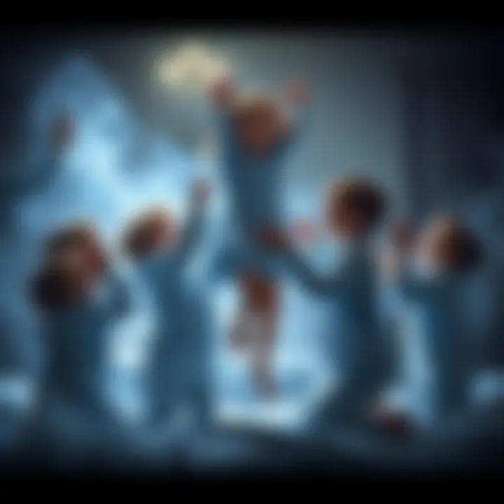 A group of children in pajamas attempting to lift a girl as they chant 'light as a feather stiff as a board' during a spooky slumber party game, with an eerie atmosphere surrounding them.