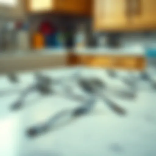 Several sporks found in different spots on a kitchen counter while cooking