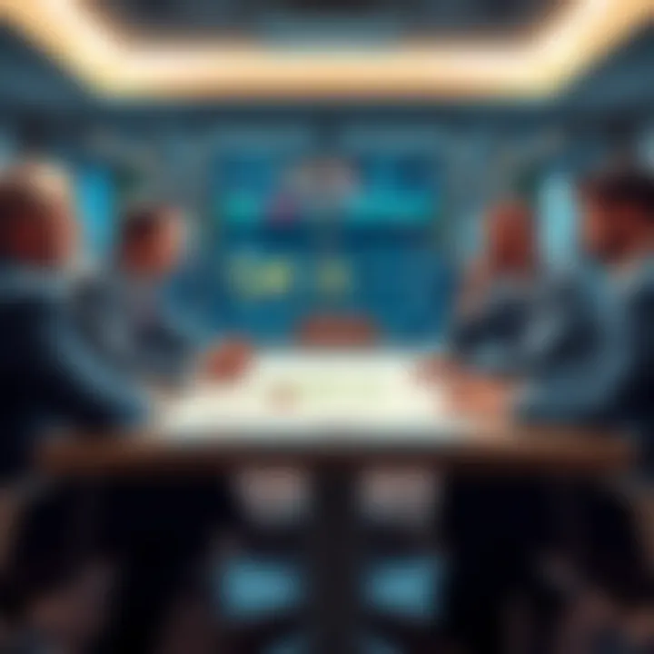 A group of sports team managers in a meeting room debating strategies, with charts and game plans on the table