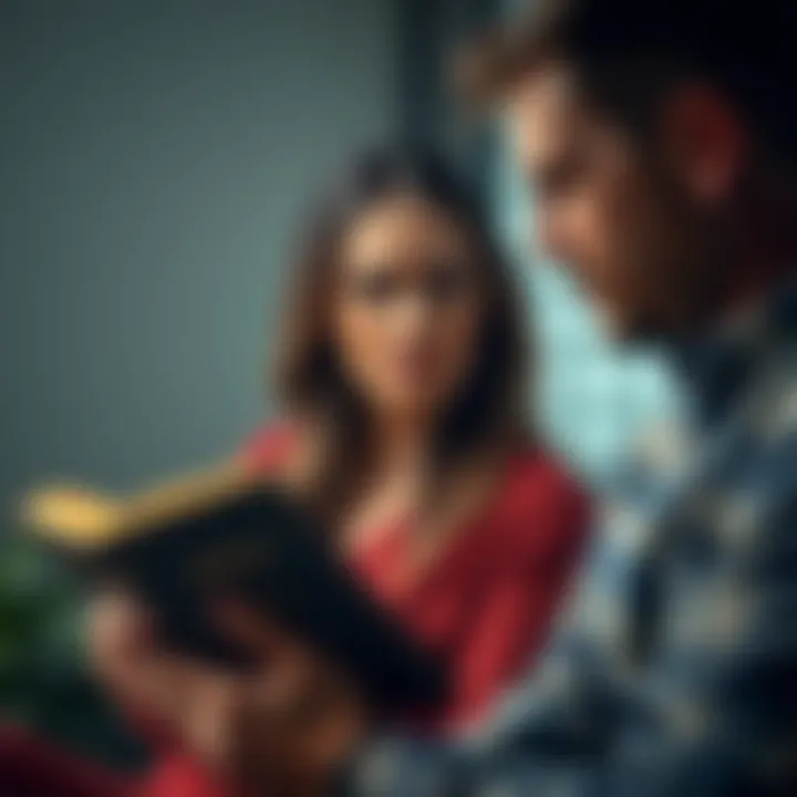 A worried woman watches her husband reading a Bible, reflecting on the tension between their beliefs.