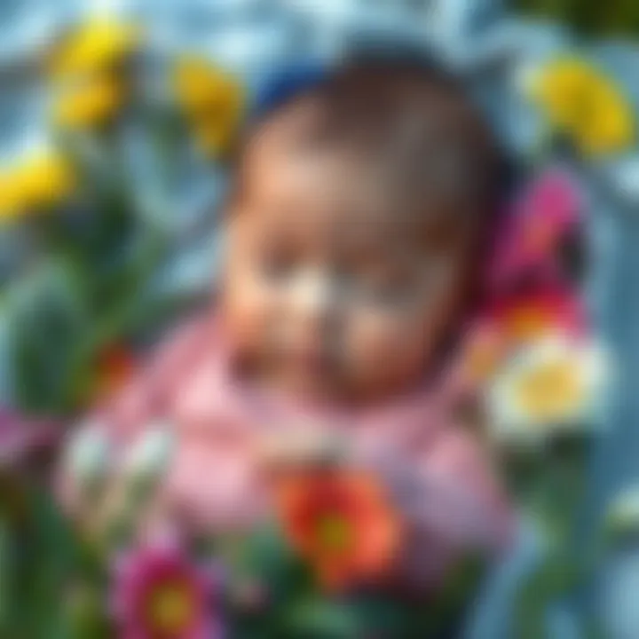 A peaceful baby lying on a blanket surrounded by colorful spring flowers, symbolizing the spring season.
