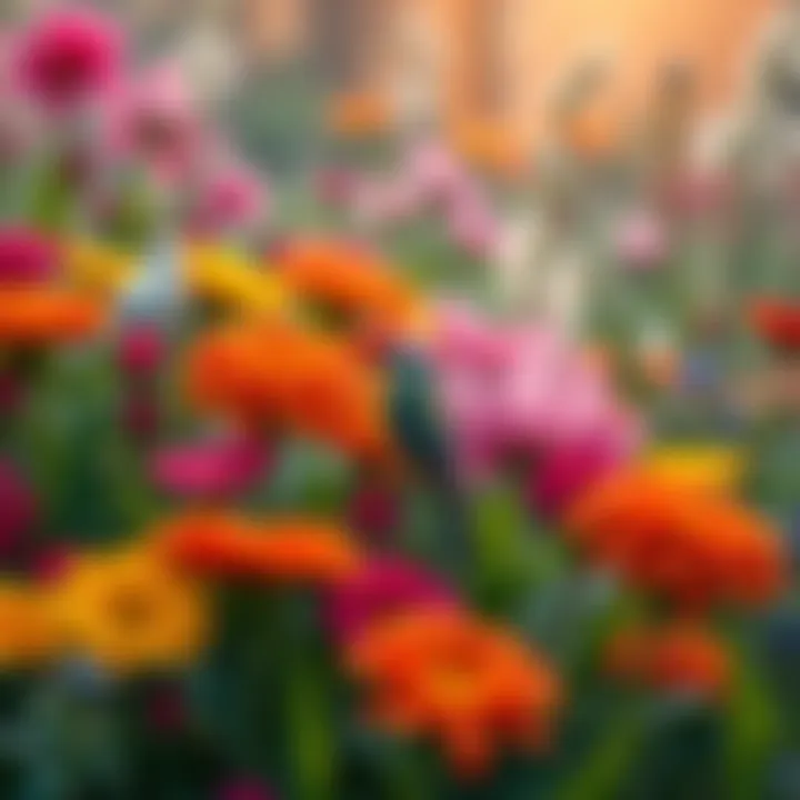 Colorful flowers blooming with birds perched nearby in a vibrant garden