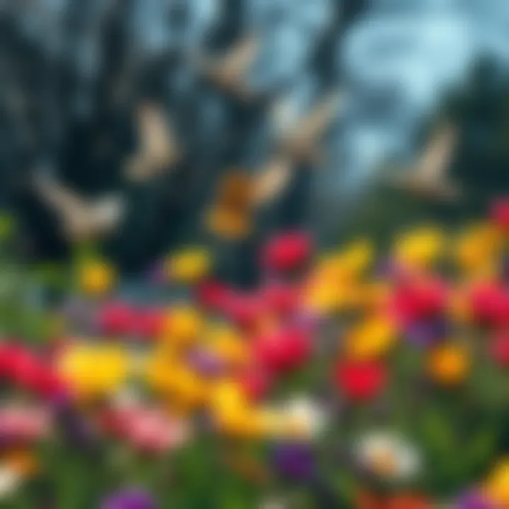 Colorful spring flowers blooming with birds flying around in a garden setting