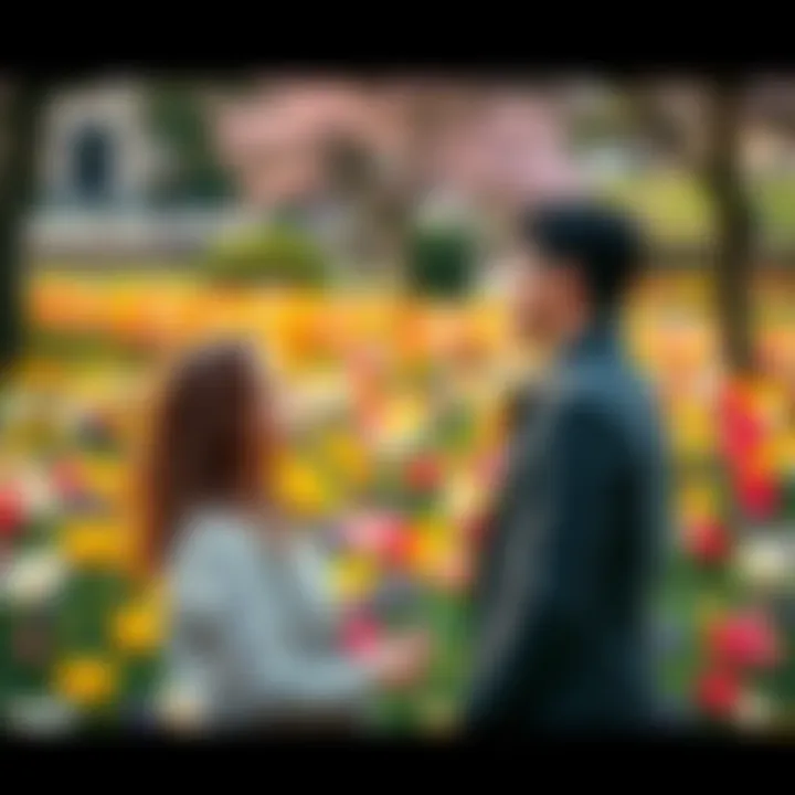 A couple looking at each other with mixed emotions in a park filled with spring flowers, symbolizing potential reconciliations and challenges with ex-partners