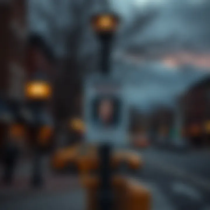 A somber street view of Springfield, with a missing persons poster on a lamppost, highlighting the ongoing search for the Springfield Three.