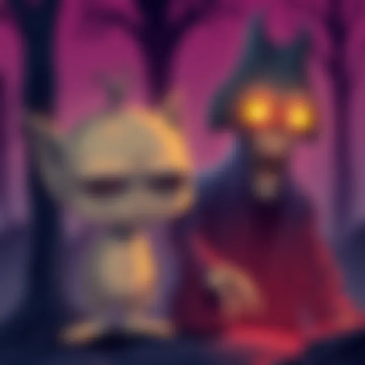 Illustration of the Squonk, a sad creature with wrinkled skin, next to the Flatwoods Monster, a tall figure with a spade-shaped head and glowing eyes.