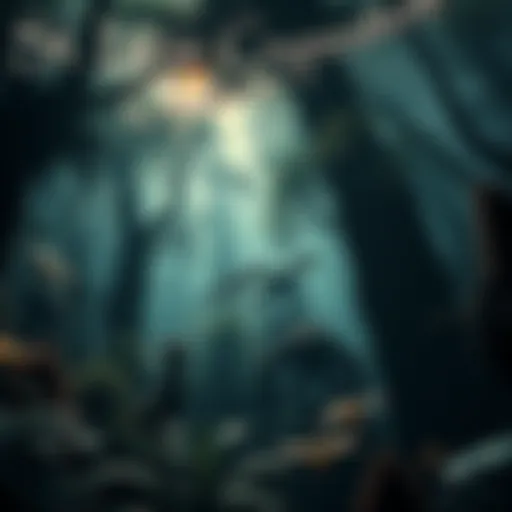 A lush St. Lucia forest scene featuring mythical creatures among the trees and plants, showcasing local folklore.