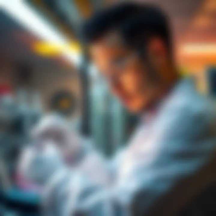 A scientist examining Stable Element 115 in a laboratory, showcasing its potential in modern science and technology.