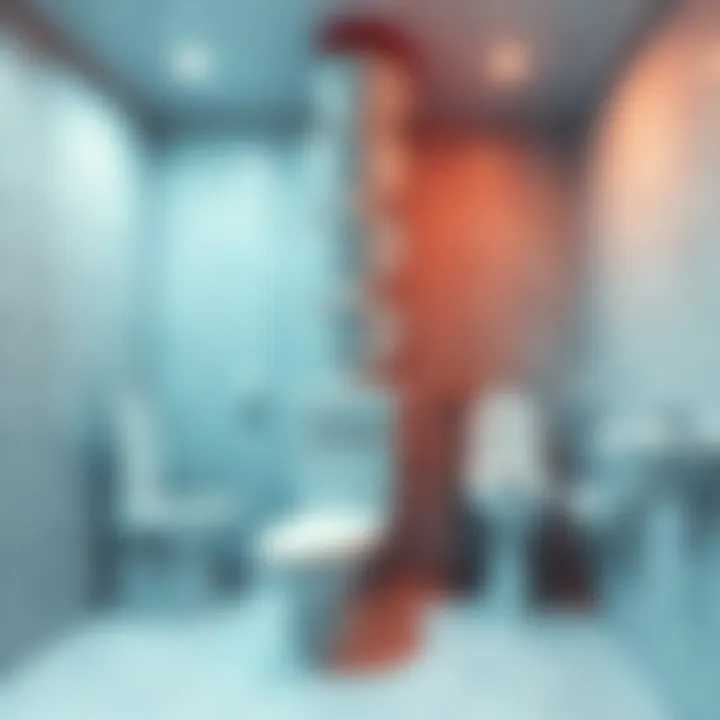 A bizarre bathroom layout showing several toilets stacked vertically in an odd arrangement, creating a challenging space to use one.