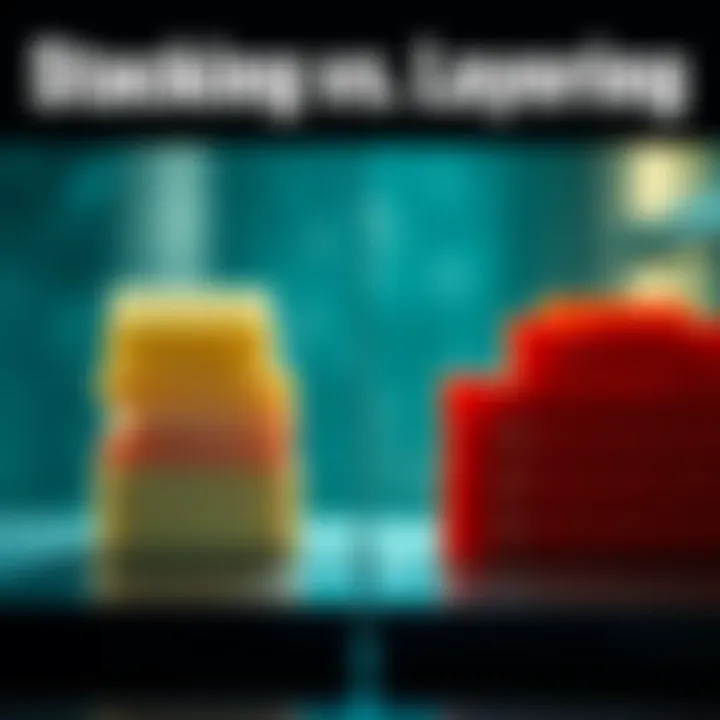 A visual comparison showing examples of stacking and layering, highlighting the differences between the two concepts.