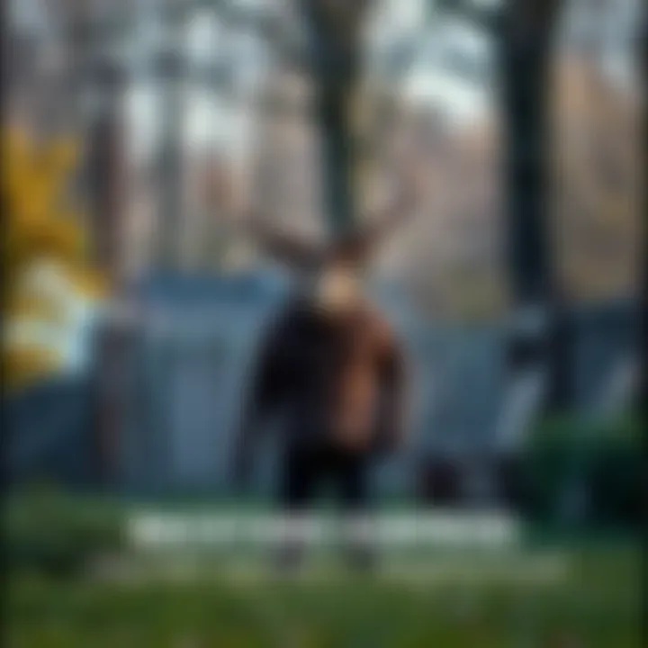 Stag Man in Backyard A man with stag antlers standing in a backyard among trees and grass, looking around curiously.