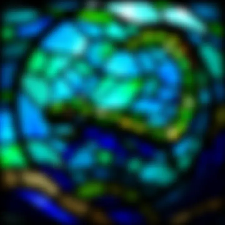 A colorful stained glass artwork depicting the Lock Ness Monster swimming in water, with vibrant blues and greens.