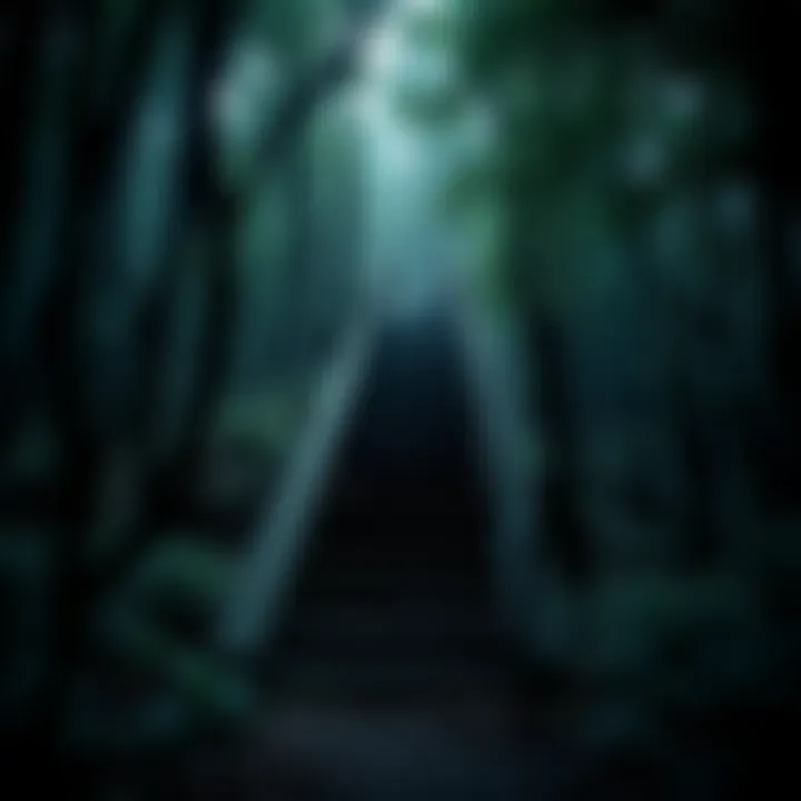 Staircase in the Woods A pristine staircase set in a dark, dense forest background, surrounded by trees and foliage.