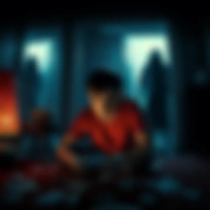 A person looks frightened in their home, with mysterious notes scattered around and shadows looming at the door.