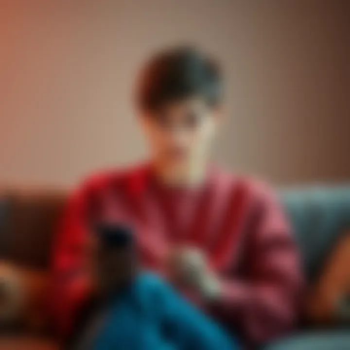 A young person seated on a couch, staring at their phone with a concerned look, reflecting the struggle of stalking a crush online.