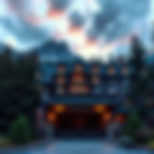 The grand entrance of the historic Stanley Hotel surrounded by trees and mountains.