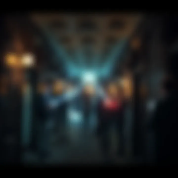 Guests exploring dark corridors of the Stanley Hotel during a ghost tour, with flashlights illuminating the eerie surroundings.