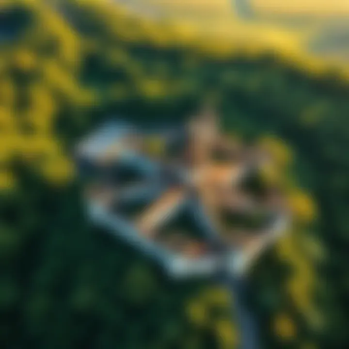 Aerial view of a star-shaped fortress surrounded by lush greenery