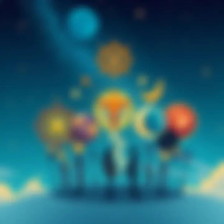 Illustration showing diverse religious symbols with a starry sky background, representing connections between faiths and cosmic entities.