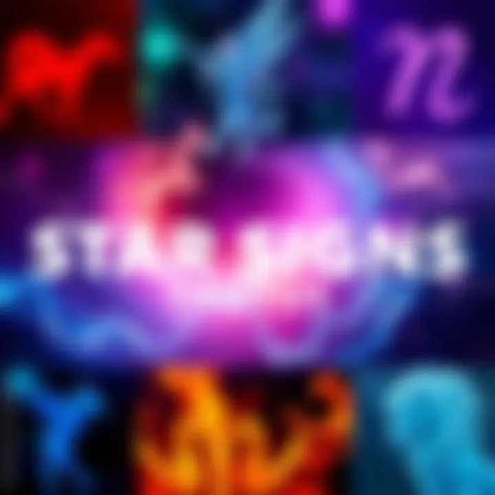 A vibrant collage of photos showcasing the star signs Aries, Gemini, Sagittarius, and Aquarius, each representing their unique qualities and colors.