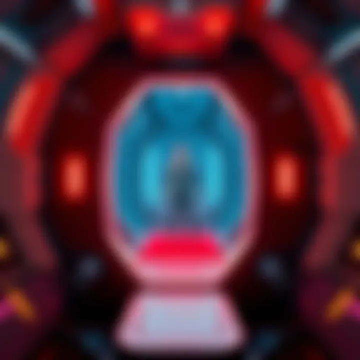 A futuristic teleporter pod creating a clone of a person while the original is disappearing, set in a sci-fi environment.