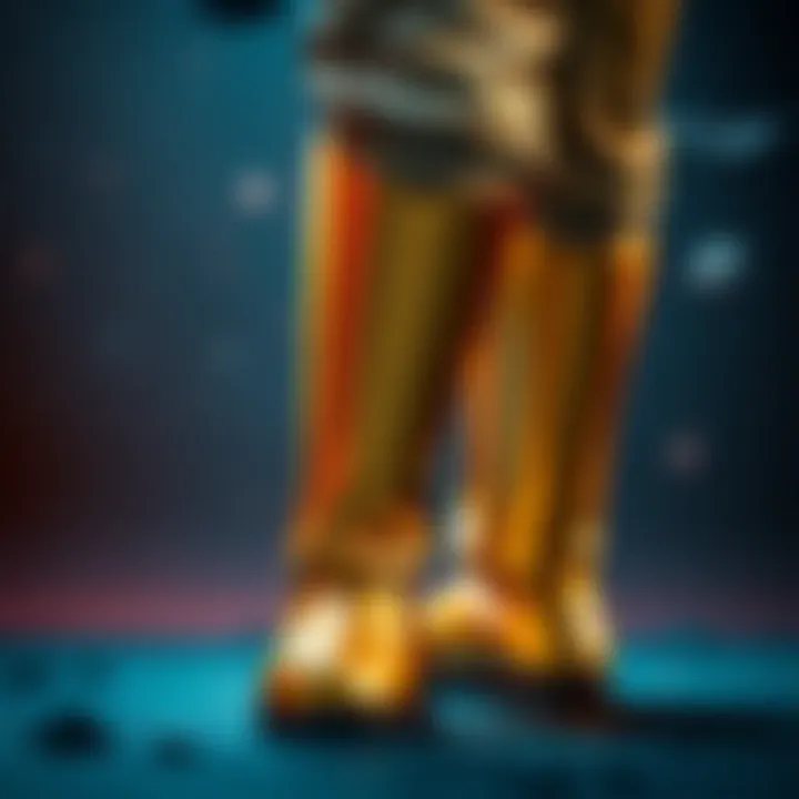 A close-up view of a Star Wars character's leg showing it is gold instead of silver, with a classic space background.
