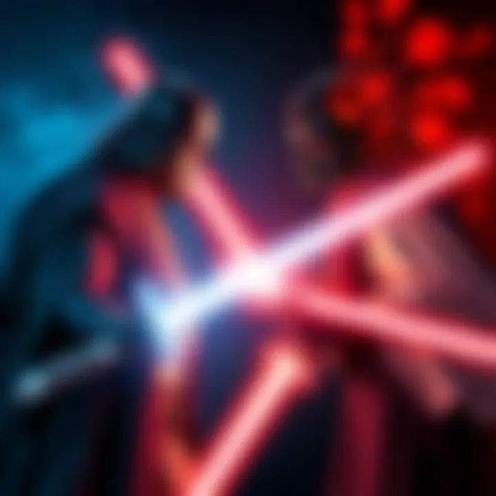 A Jedi and Sith facing off with swirling light sabers, embodying the conflict of absolutes in philosophy.
