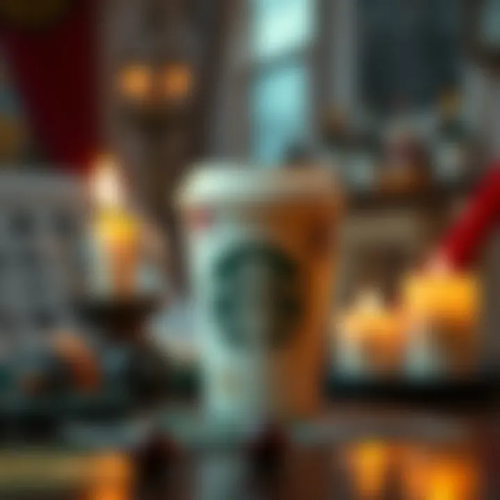 A Starbucks cup adorned with chaos magick symbols and candles on a table