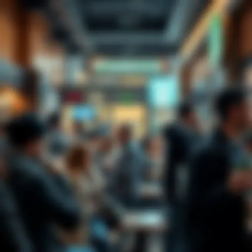 A bustling Starbucks with various patrons engaged in different activities, some sipping coffee and others on their phones, showcasing a lack of connection among them.