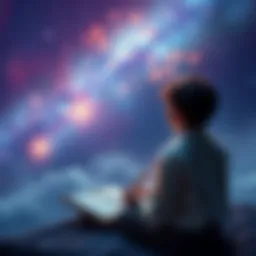 A person gazing at a starry sky, reflecting on vivid dreams and predictions, with a journal beside them.