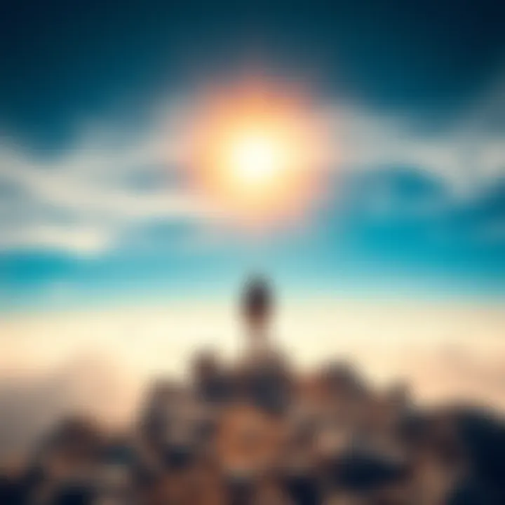 A starseed standing tall on a rocky path, facing the horizon with determination. The sky is bright, symbolizing hope and growth.