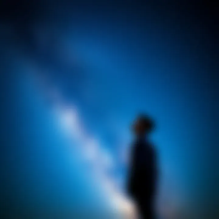 A person standing under a starry sky, looking up with a thoughtful expression, symbolizing their journey of self-discovery related to their starseed hybrid heritage.