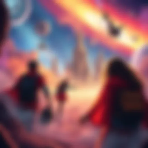 A vibrant scene depicting characters in a magical cosmic world, showcasing elements of adventure and fantasy, inspired by starseed culture.