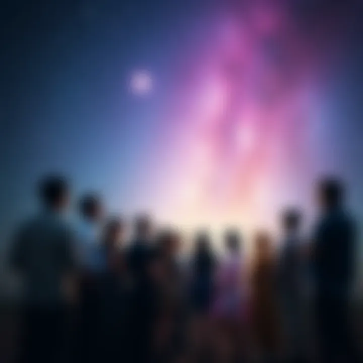 A group of diverse people standing together under a starry sky, sharing messages of inspiration and awakening, with glowing light orbs around them.