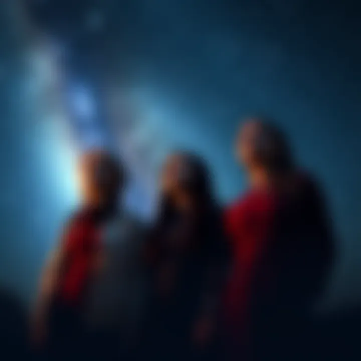 A group of self-identified Starseeds standing under a starry sky, looking contemplative with expressions of discontent towards the world below.