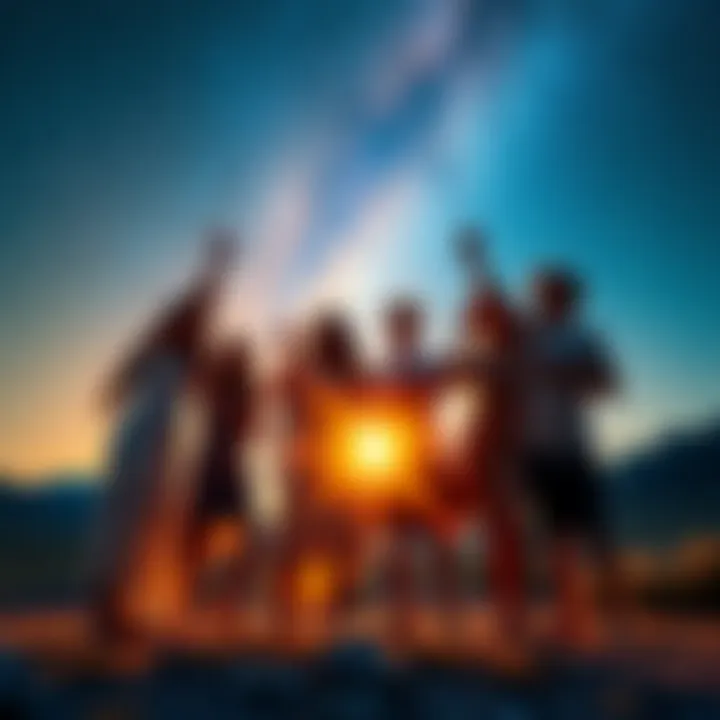 Group of starseeds supporting each other under a starry sky, showing unity and hope