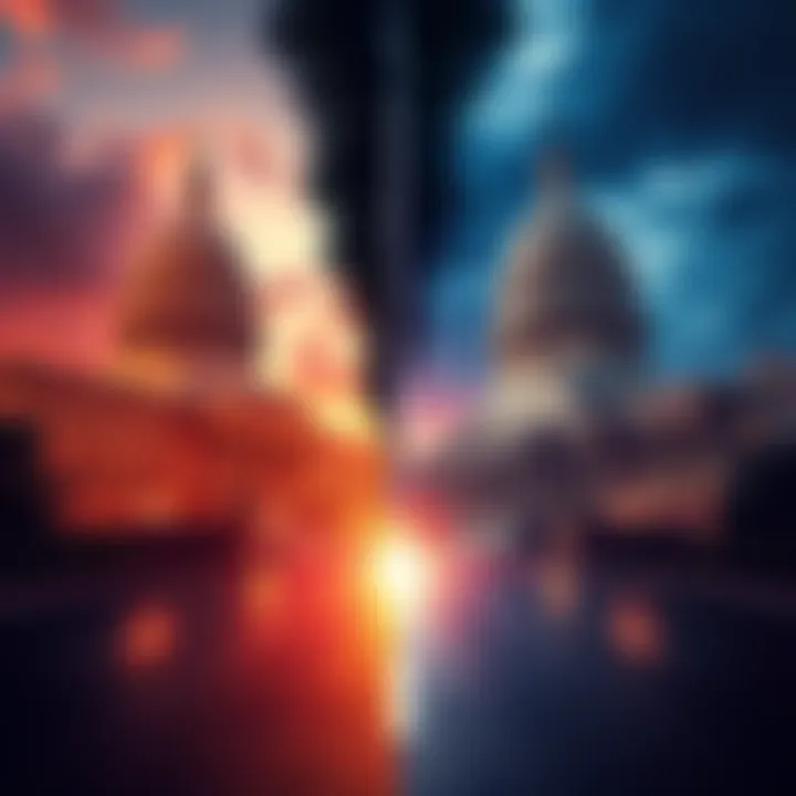 A split scene showing state and federal buildings, symbolizing the power struggle between them.