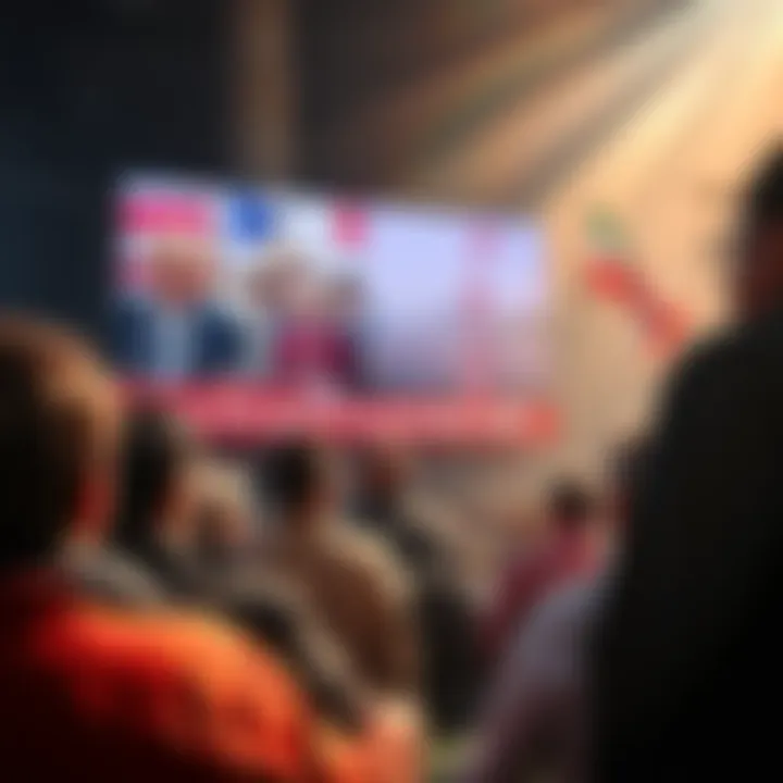 A group of people watching a news broadcast on a large screen, showing government messages. They look engaged, with expressions of curiosity and skepticism.